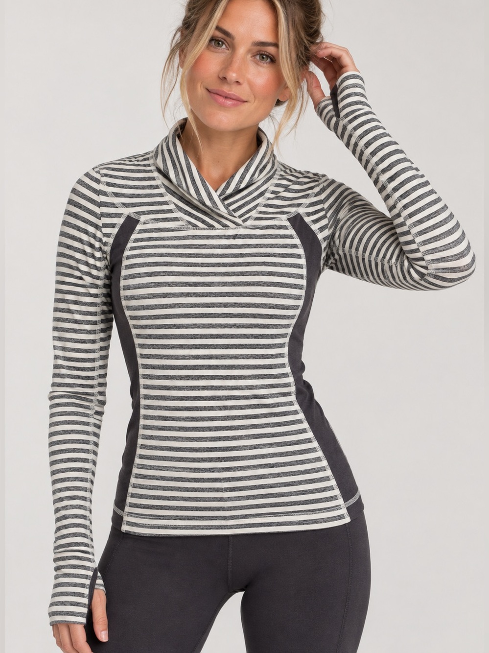 Lululemon Striped Cowl Neck Running Long Sleeve Top Charcoal White Size 4